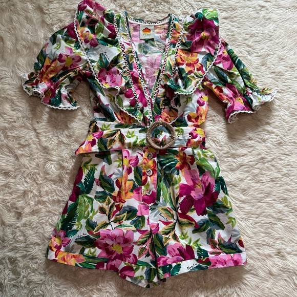 FARM Rio Off White Painted Flowers Romper - Size XS - Picture 4 of 9